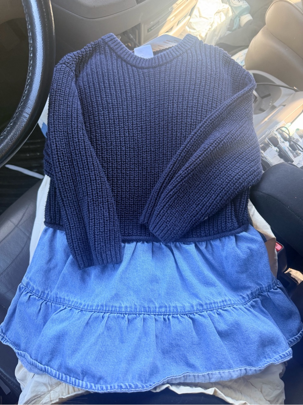 Zara Navy Knit Top with Light Blue Denim Skirt Dress